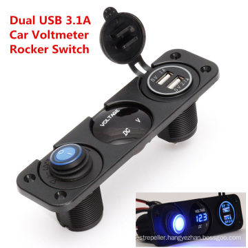 Universal 12V Voltmeter Blue LED Dual USB 3.1A Car Charger Rocker Switch Panel